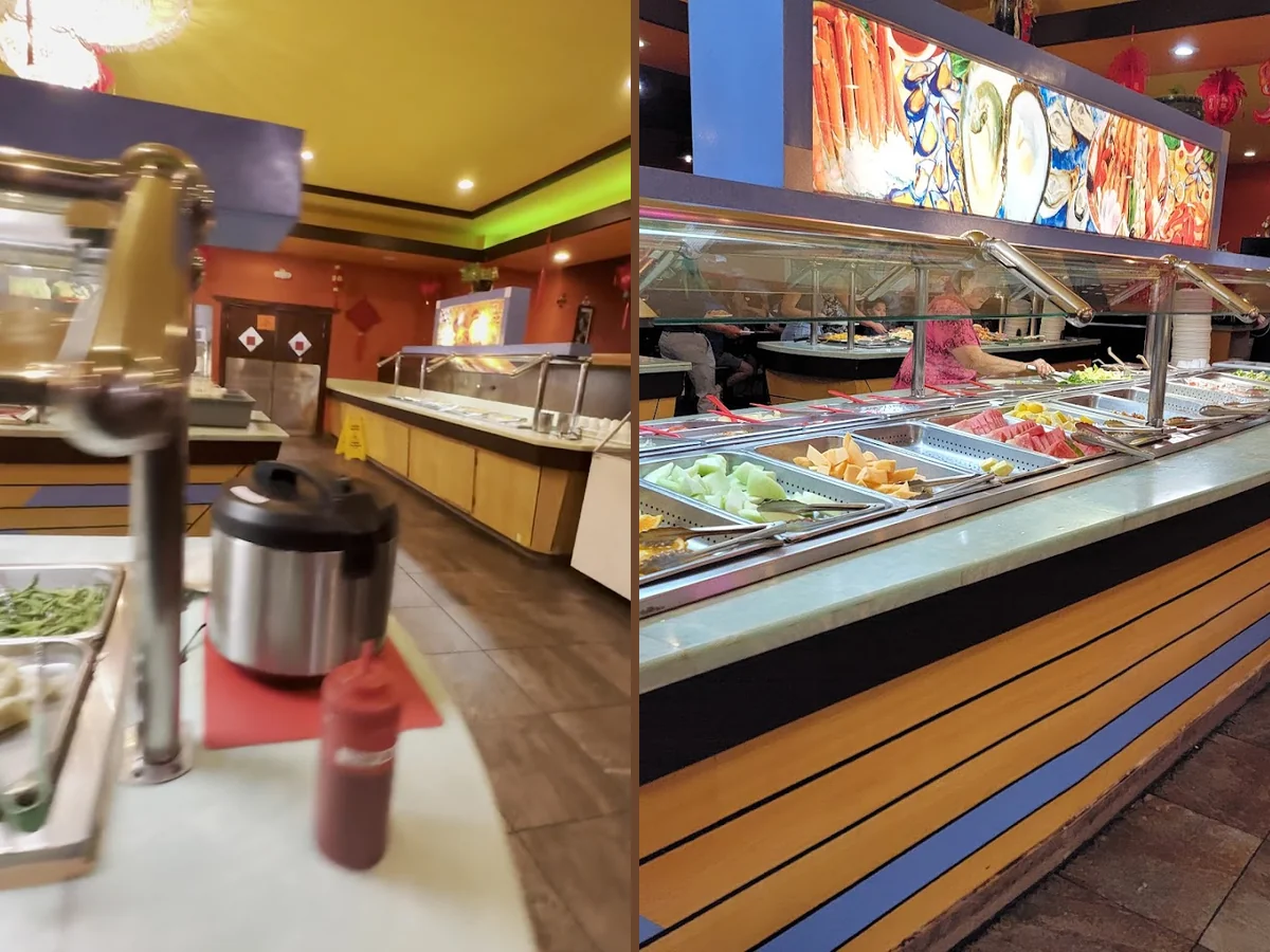 Buffet trays with sushi and Chinese dishes.