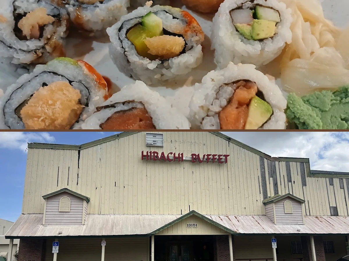 Hibachi station beside rows of hot buffet pans.