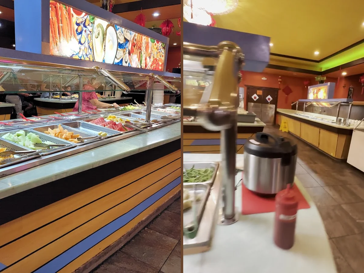 Dining area with buffet counters and seating.